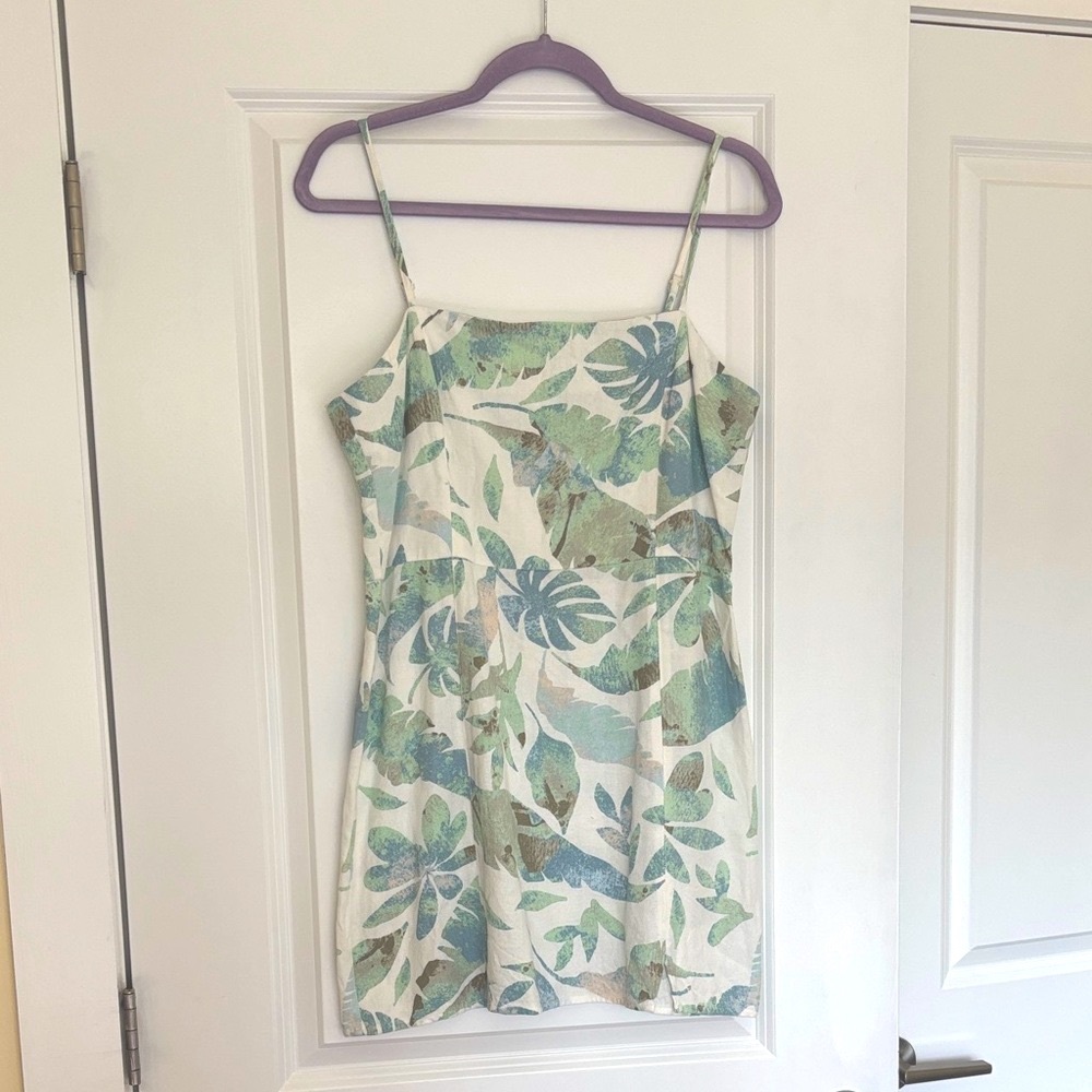 White, Green, and Blue Leaf Print Mini Dress